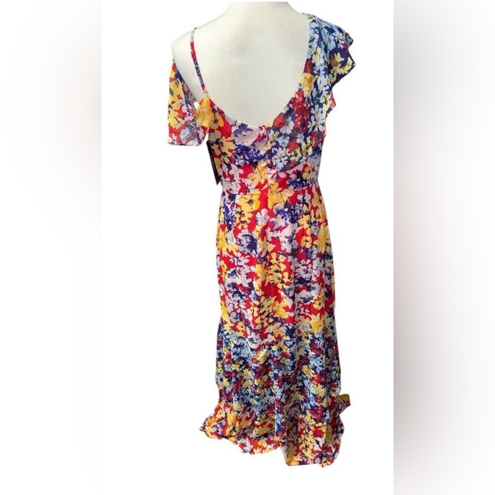 Lulus Radiant Ruby Red Floral Print Chiffon Maxi Dress sz Medium - Picture 8 of 15